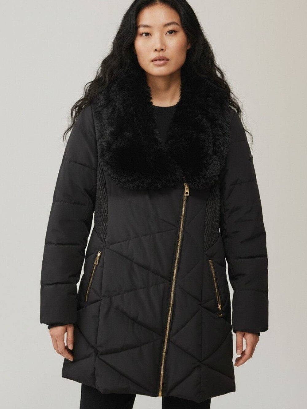 Black Quilted Faux-Fur Collar Coat - Women